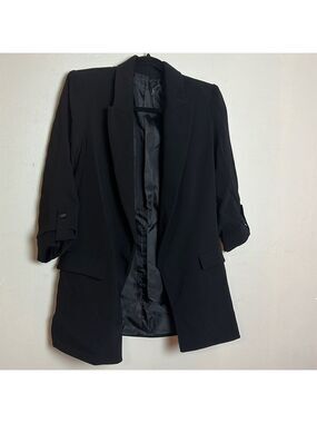 Zara Tailored Fit Gathered Cropped Sleeve Black Open Front Long Length Blazer